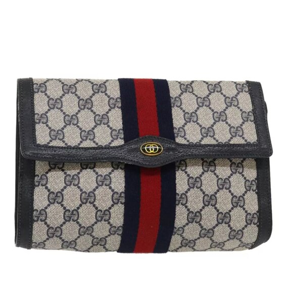 GUCCI GG Canvas Sherry Line Clutch Bag Navy Red Auth yk4501 - Picture 1 of 16